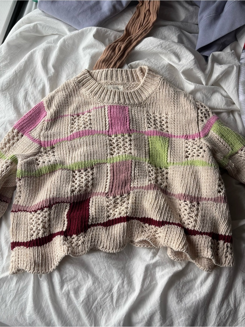 PacSun Cream Patchwork Knit Sweater with Pink, Green & Burgundy Accents